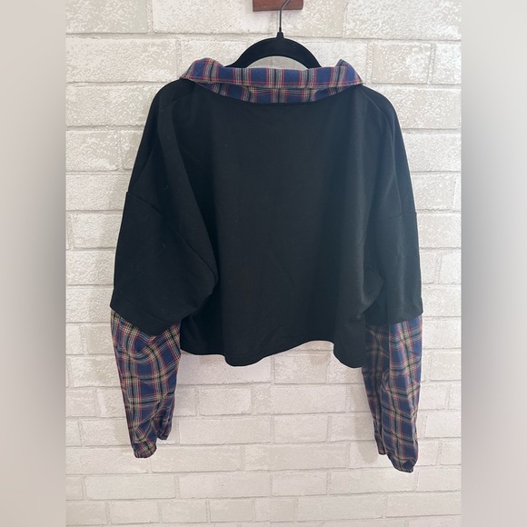 Plaid Collar Preppy Punk Grunge oversized Womens long sleeve crop Top M #1905 - Picture 7 of 8